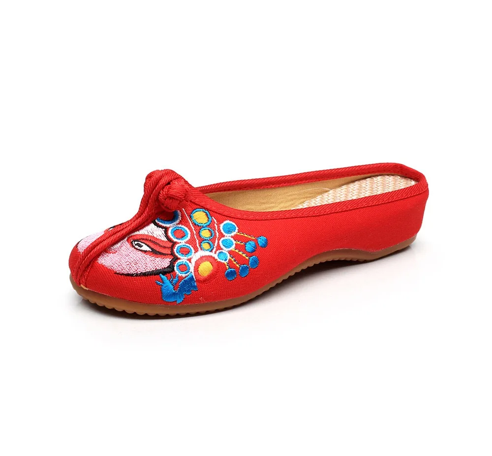 Veowalk Handmade Cotton Fabric Slipper Women Beijing Opera Embroidery Slippers Vintage Summer Flat Heel Shoes Zapatos Mujer