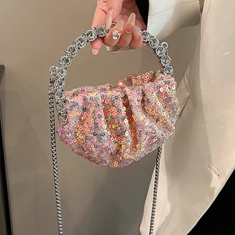 Bolso de lujo con lentejuelas para mujer, bandolera pequeña con pliegues incrustados de diamantes, novedad de 2024