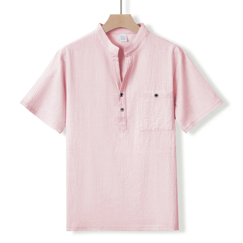 Herren-Henley-Shirt mit Stehkragen, Kurzarm, Baumwoll-Leinen-Mischung, Brusttasche, Atmungsaktiv, Sommer, Alltag, Reise, Strand, Freizeit-Oberteil – Detail 9