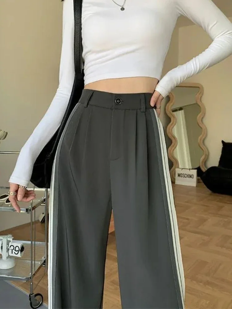 سراويل تقليدية للسيدات تصميم كلاسيكي بسيط مخطط جانبي ريترو أساسي صيفي كل مباراة ملابس الشارع الشهير مكتب السيدات Ulzzang Ins بنطلون