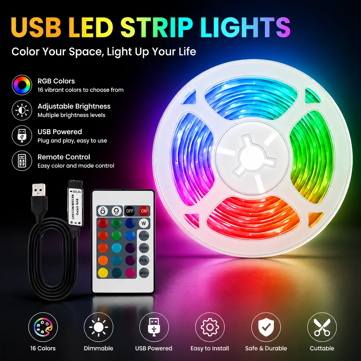 24‑Key IR Remote RGB LED Strip Light USB Flexible Color Changing LED Tape for TV Backlight DIY Bedroom Holiday Party Home Decor.