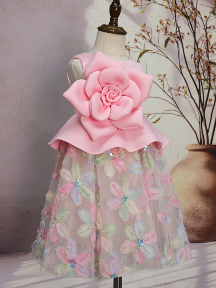Evening Gown Sleeveless Large Flower Design Wedding Birthday Baptism Party Girls Dresses A4915 New Children Boutique Princess