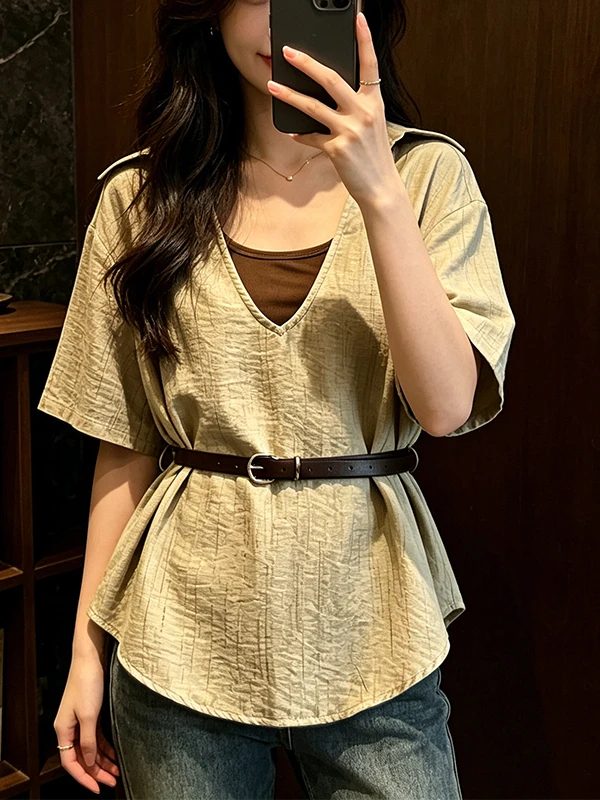 

Summer 2026 plus Size Women's Korean Style Shirt with Belt Loose Short Sleeve Deep V-Neck Slimming Top Commute Fashion