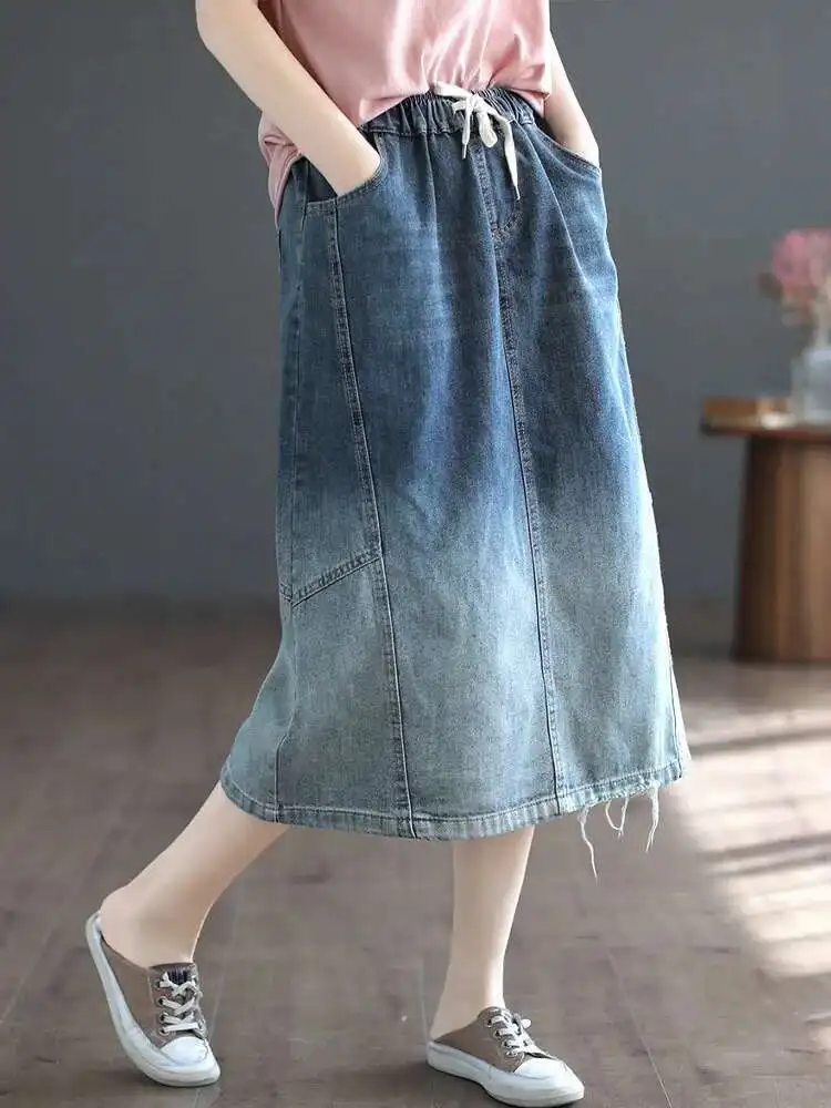 AmaxluluE 2025 تنانير نسائية صيفية فضفاضة عتيقة من قماش الدنيم للسيدات فاخرة كلاسيكية غير رسمية بخصر مطاطي ملابس شارع زرقاء