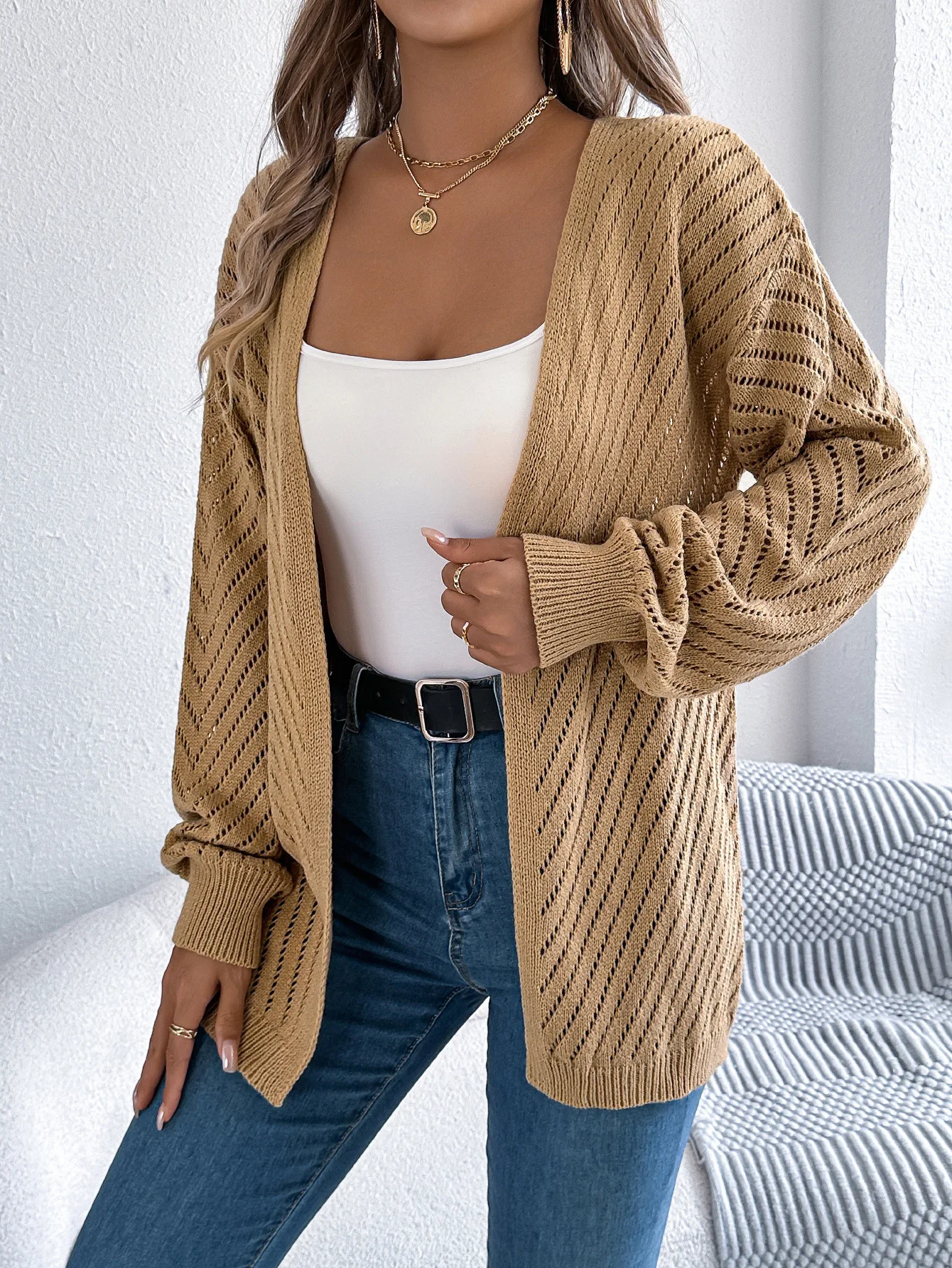 

Женский вязаный кардиган на шнуровке — легкая весенняя пляжная накидка с длинными рукавами, шикарный однотонный свитер с открытой передней частью в стиле бохо
