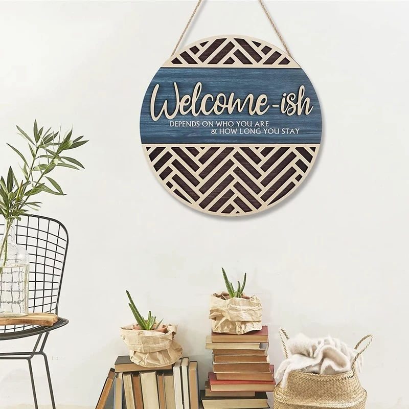 3D Welcome Hanging Sign Plaque For Front Door Wall Decor, Funny Welcome-Ish Wooden Hanger, Rustic Minimalist Wood Durable