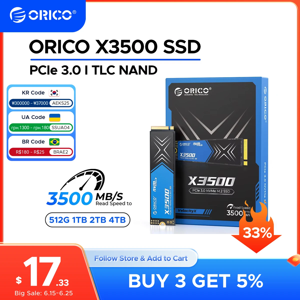ORICO M.2 NVMe SSD PCIe Gen3x4 2280 SSD Internal Solid State Drive Up to 3500MB/s with TLC NAND Flash for Desktop Laptop 1TB