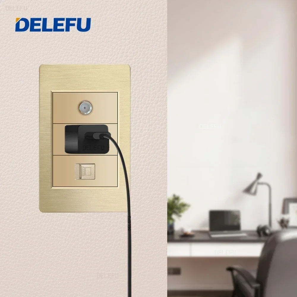 DELEFU Gold PC brushed panel American Standard series 118*74mm wall computer combination socket switch