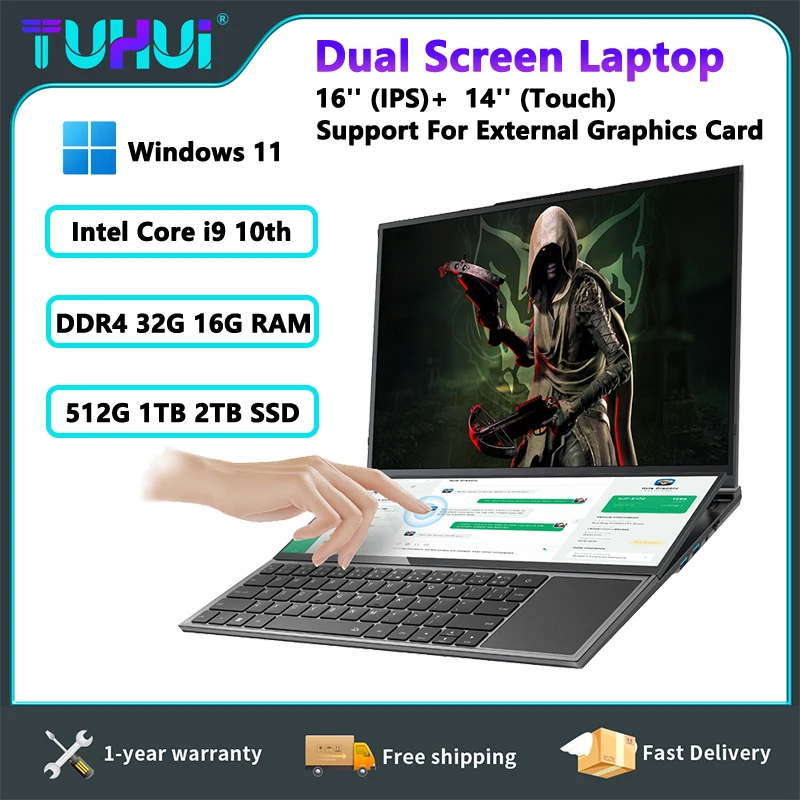 TUHUI Intel Core I9 Dual Screen Laptop 16 Inch Gaming Laptops 14 Inch Touch Screen 32G RAM 2TB SSD Notebook Windows 11 Computer