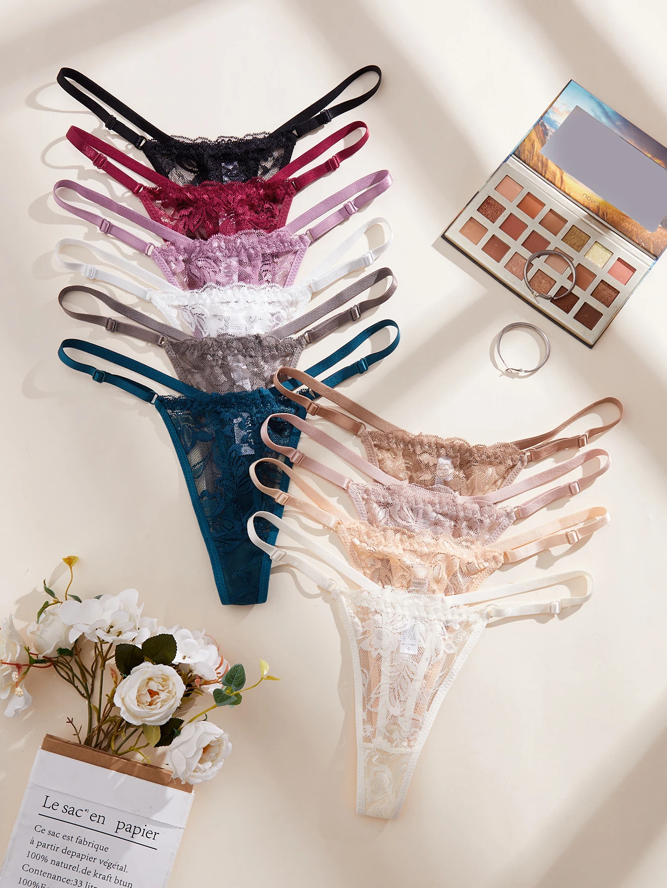 10Pcs/ Set Floral Lace Women Panties Hollow Out Sheer Thong Adjustable Straps Sexy Lingerie