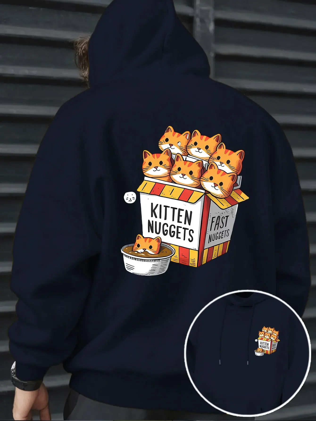 Funny Kitten Nuggets Back Print Hoodie Cartoon Fast Food Box Cat Dual‑Side Graphic Pullover Hooded Sweatshirt Unisex Loose Fit
