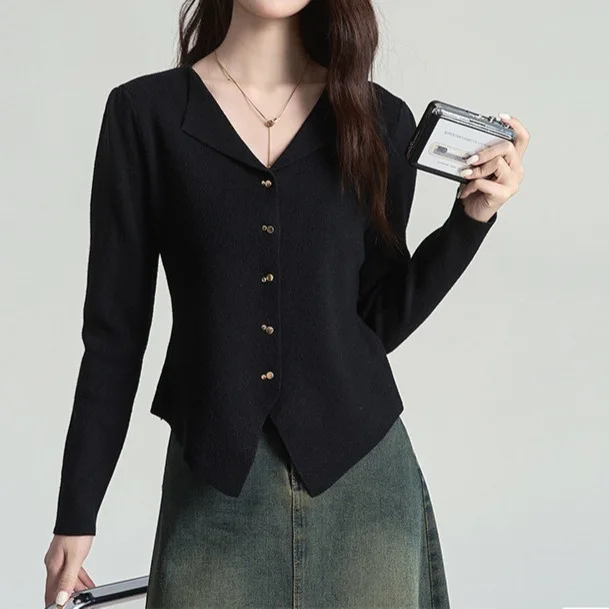 Women Lapel V Neck Knit Cardigan Long Sleeve Double Buttons Slim Fit Irregular Hem Knitted Top