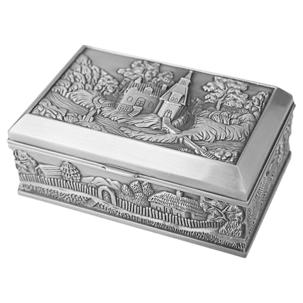 

Castle Embossed Vintage Alloy Jewelry Storage Box for Rings Necklaces Earrings Bracelets Pendants Beads Desktop Decor Trinket