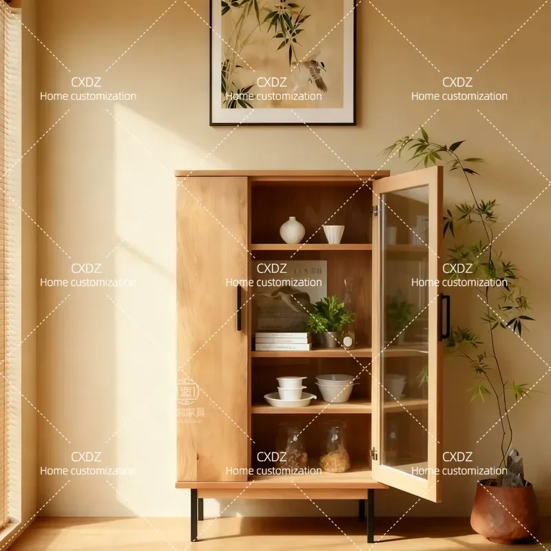 New Chinese Style Ash Wood Dining Side Cabinet Home Improvement Locker Combination Glass Door Storage Cabinet Living Room Log