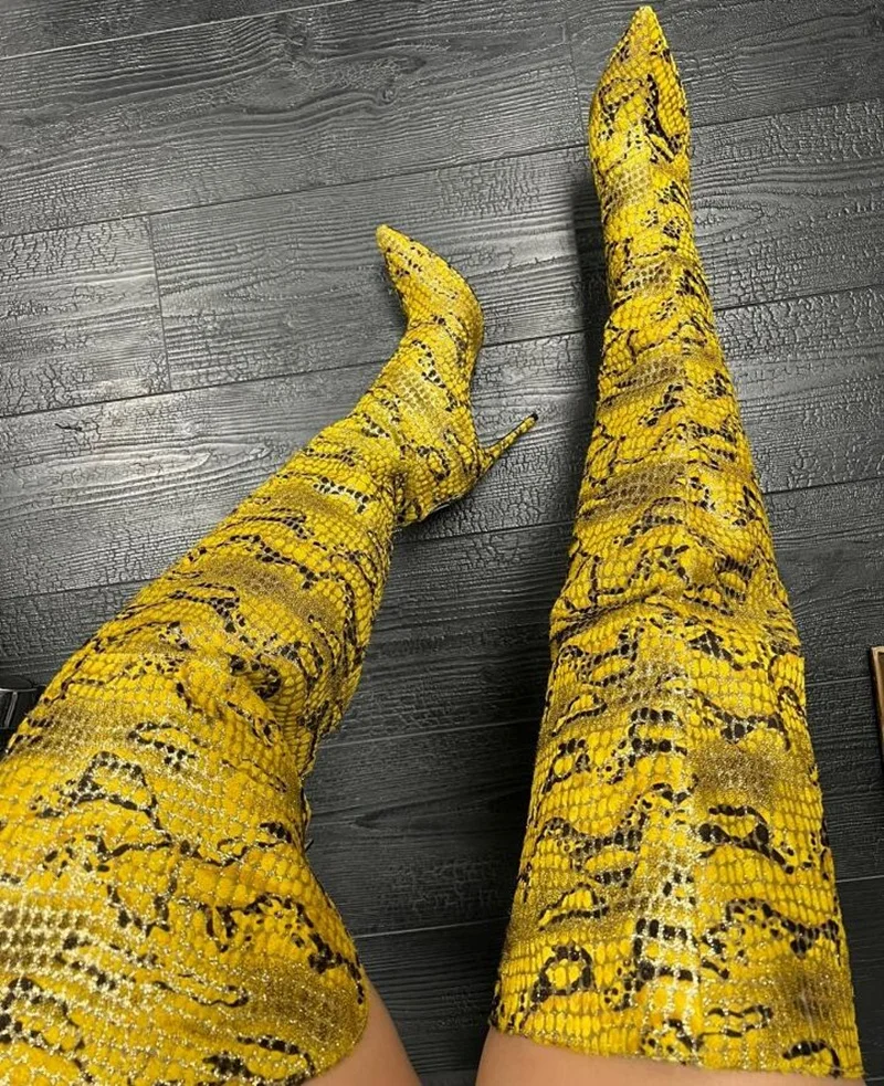 

Sexy Snakeskin Leather Over The Knee Boots Yellow Blue Python Pattern Pointy Toe Thin Heels Over The Knee Boots Winter Shoes