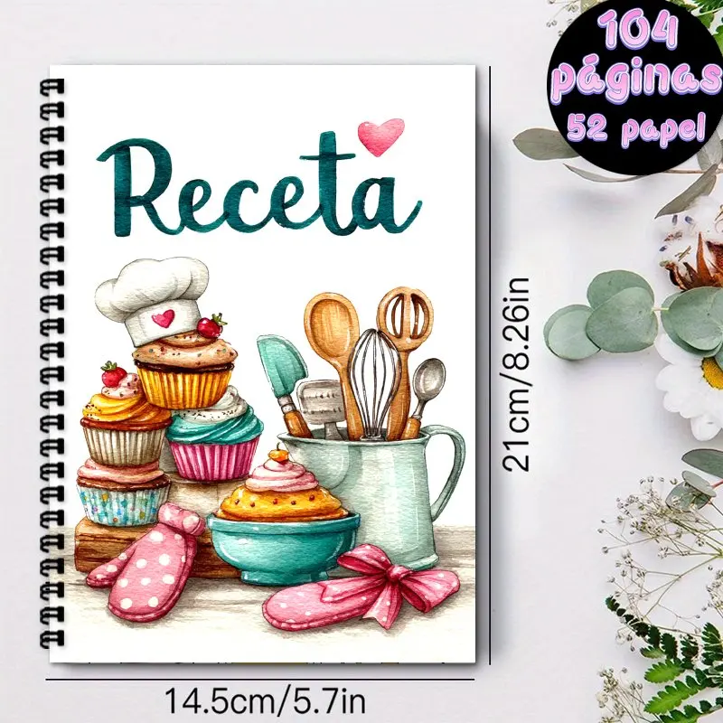 A5 Spanish Recipe Notebook,  Spiral Binding Recipe Collection Book, Can Hold Up to 100 Recipes, Colorful Cupcakes Design
