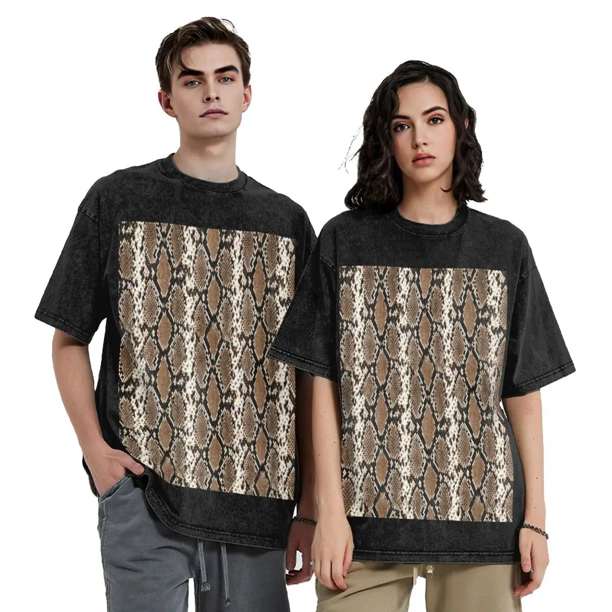 Python Skin, Snake Pattern Hip Hop Short Sleeve T-Shirts Washed Tops Tees Streetwear T Shirt Printed for Men woman