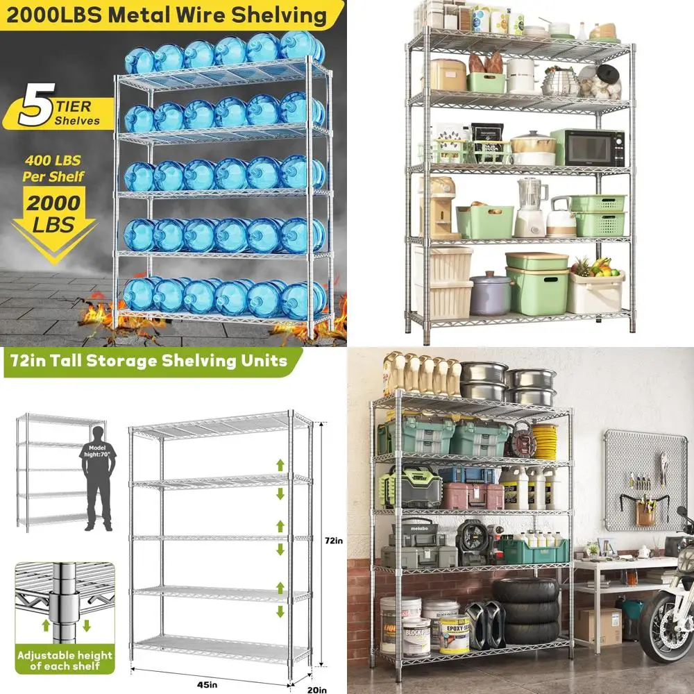 

5-ярусный металлический стеллаж для тяжелых нагрузок, 45x20x72 дюйма, грузоподъемность 2000 фунтов, регулируемая полка для хранения для гаража или кухни