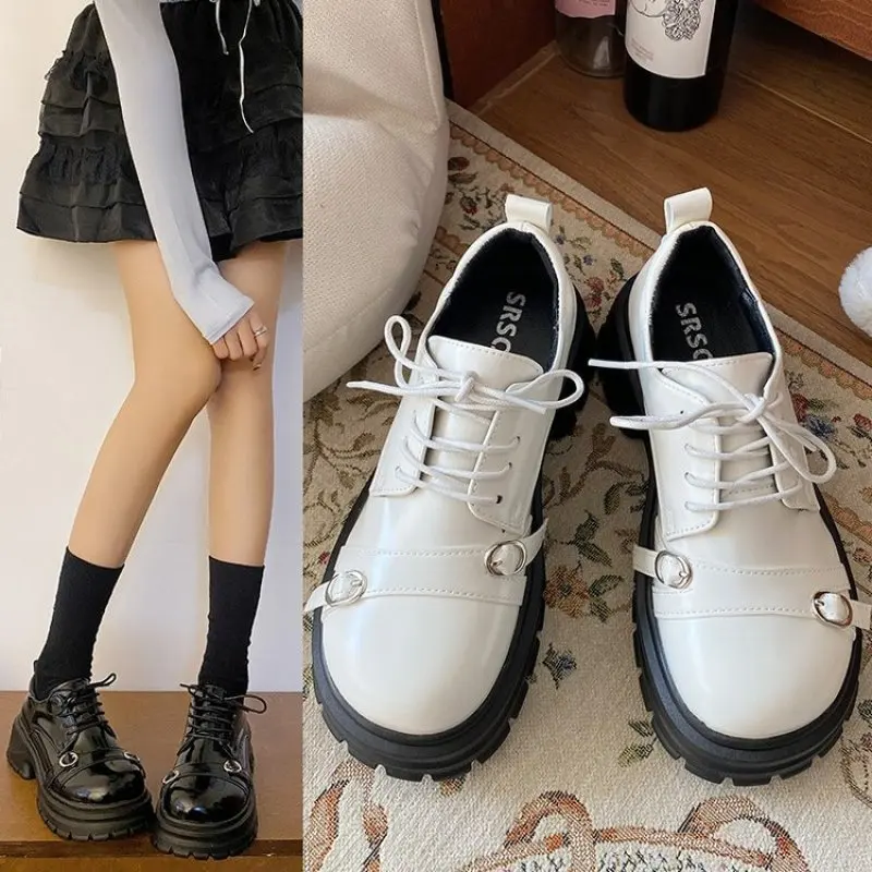 2024 NEW LeShion of Plus Size 35- 39 Women Designer Chunky Heels Shoes Thick Platform Buckle Lace-up Goth Flat Shoes Ladies Chic