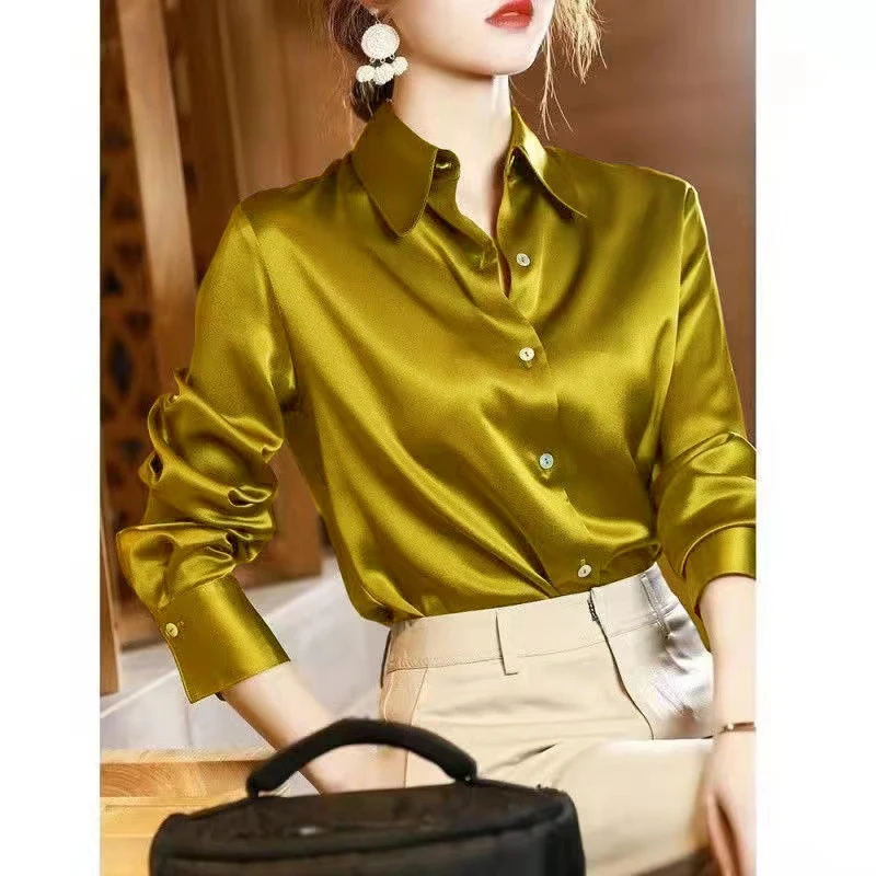 

2024 Summer Trend Fashion Women's Casual Elegant Satin Long Sleeved Shirt Office Women's Shirts And Blouses Slim Femal Clothes