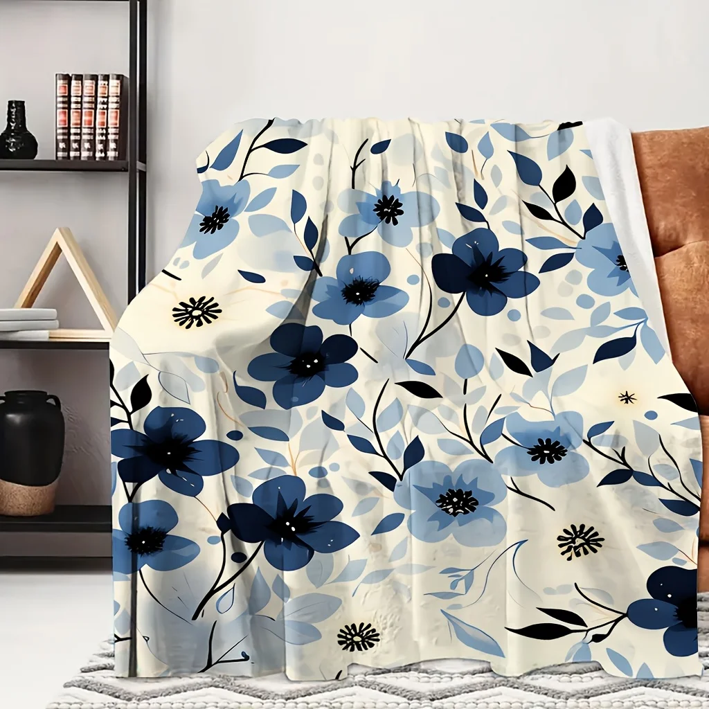 1pc Dark Blue Floral Minimalist All-Over Print Flannel Blanket, Comfortable And Practical, Suitable for Blankets, Bed Covers, Do