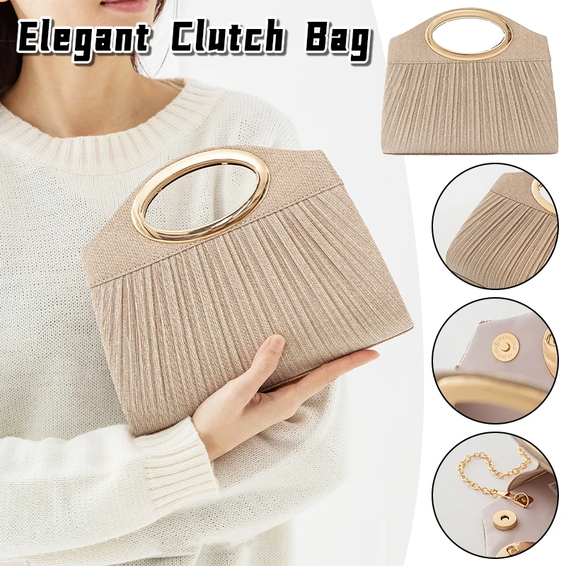 

New Luxury Pleated Wedding Clutch Bag with Metal Chain for Bride Bridesmaid Evening Party Dinner Crossbody Handbag