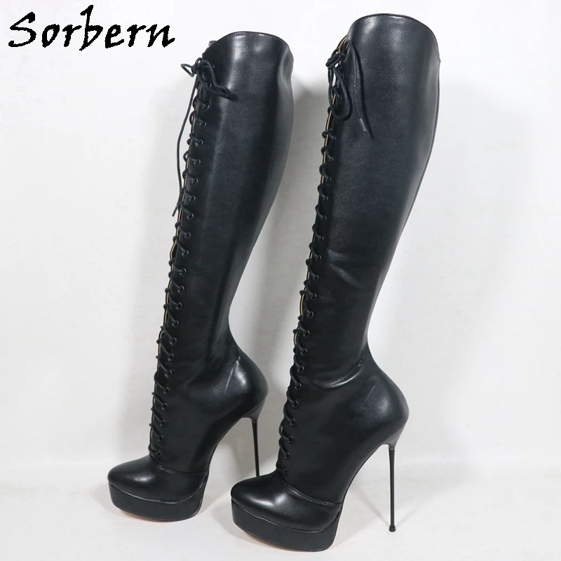 

Sorbern Black Knee High Boots For Women Metal High Heel Lace Up Fetish Round Toes Plus Size US15-17 Boots Custom Colors