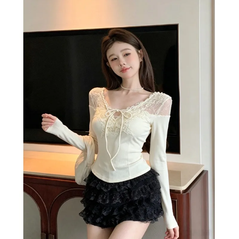 Pure Desire Sweet Sister Lace Hook Flower Splicing Long Sleeve Knitted Sweater Women's Slimming Trendy Top City Walk Cotton B...