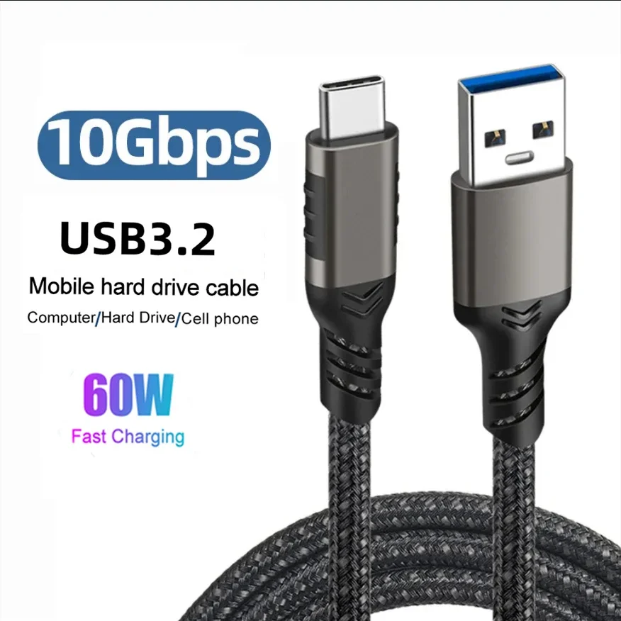 

USB 3.2 10Gbps USB A to Type C Gen2 Data Transfer Cord USB C SSD Hard Disk Cable 3A 60W QC 3.0 Fast Charging Wire for Phone