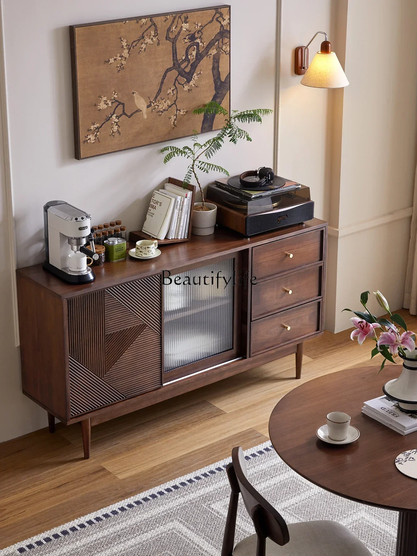 Nordic retro solid wood dining side cabinet modern simple medieval coffee and tea storage cabinet