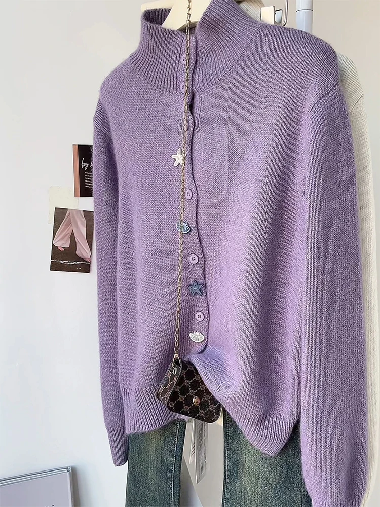 

Korean Sle High Collar Knitted Cardigan Color Bule Loose Fit Winter New Arrival Large Size Versatile Age Reduction Top