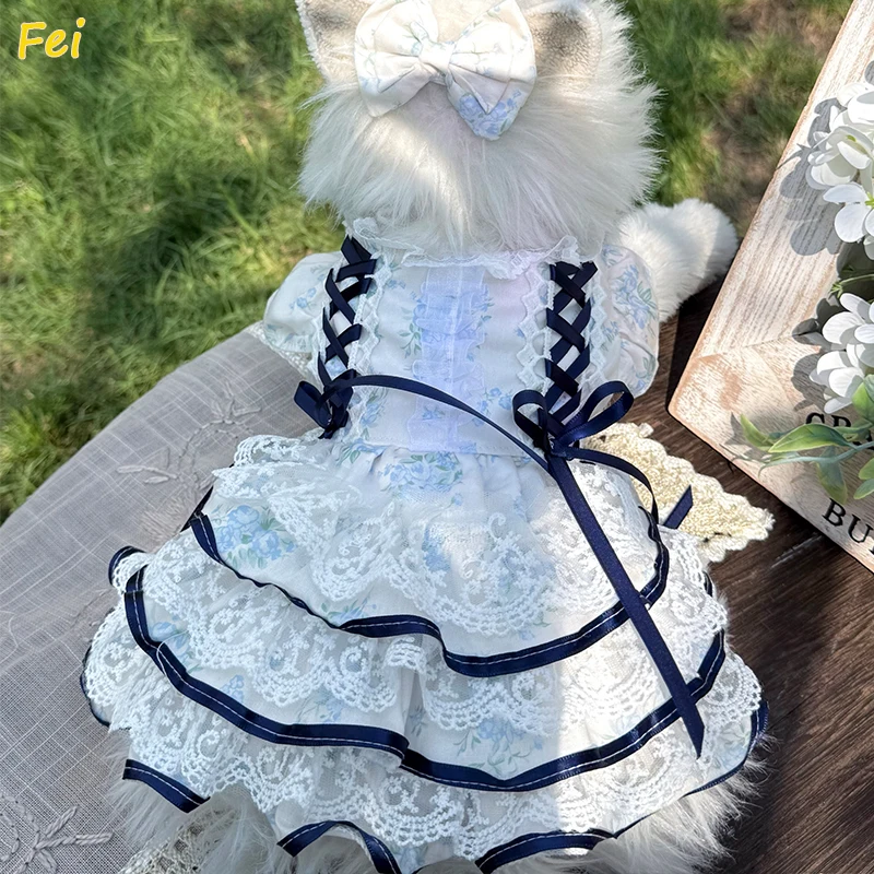 

Lovely Puppy Dog Cats Costumes Fashion Blue Flower Print Cotton Lace Dress For Small Medium Dogs Yorkshire Casual Pet Clothes