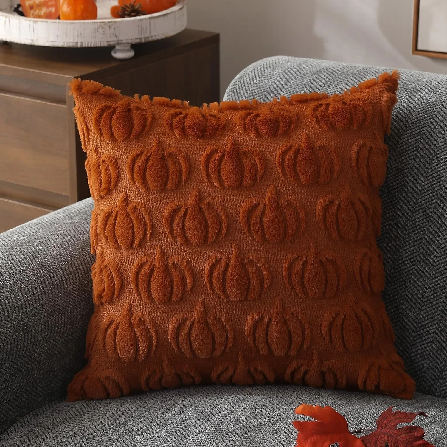 Pillow Covers 18x18 Fall Decorations Autumn Rust Pumpkin Throw Pillow Cases Soft Plush Faux Fur Wool Couch Cushion Case for Sofa