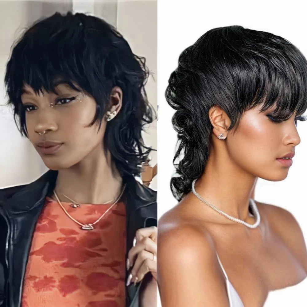 Mullet Wig 100% Human Hair Pixie Cut Wig Full Machine Made Natural Black Wig Natural Look for Black Women Daily Parties Use