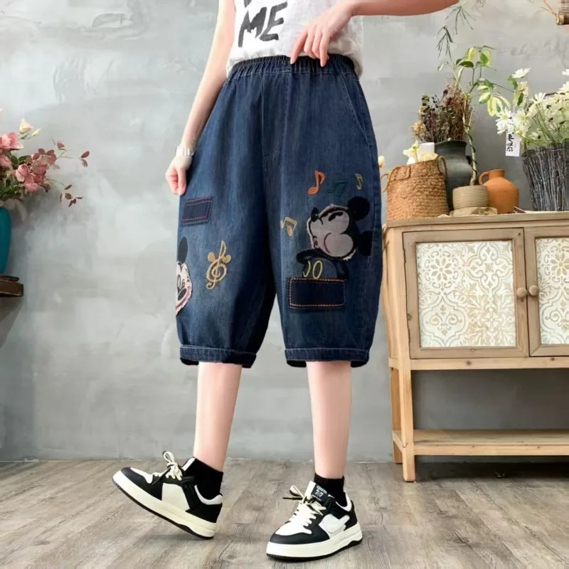 

pantalones y2k Women's Summer Vintage Cartoon Embroidery Denim Shorts, New Loose Harem Plus Size Knee Length Capri Pants Pants