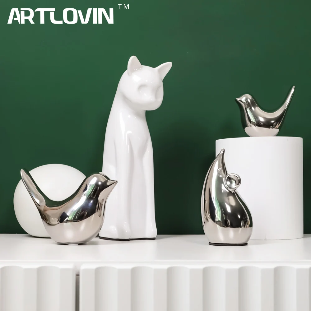 Modern Plain Silver Kitten and Mouse Bird Set Figures Ceramic Cat Figurine Living Room Decorative Crafts Gifts Animal Ornaments