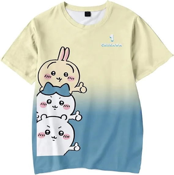 Chiikawa Usagi Hachiware Niedliche Gestapelte Figuren Print T-Shirt Farbiges Kurzarm-T-Shirt Lässiges Unisex Sommer-Oberteil Familien-Set – Detail 4