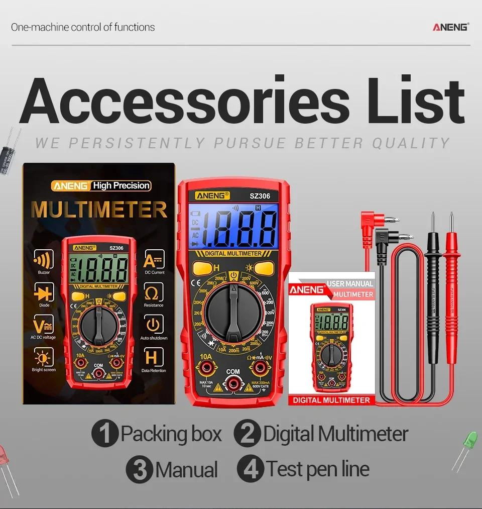 Intelligentes Digitalmultimeter ANENG SZ306 Professionelles AC/DC-Spannungsmessgerät DC-Strom Widerstand Diode 20M Ohm Multimeter-Testgerät – Detail 12