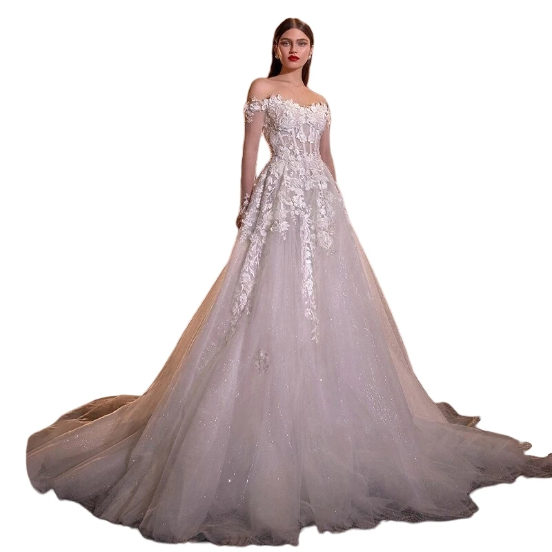 Boho Off Shoulder Wedding Dress Lace Applique Sleeveless A-line Bridal Gowns Court Train Customized Tulle Vestido