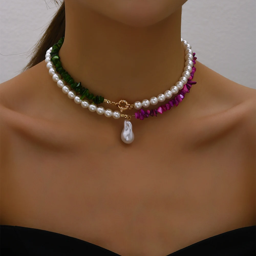 Trend 2023. Elegancka biżuteria ślubna Duży naszyjnik z pereł dla kobiet Moda Imitacja perły Zielona róża Kolor kamienia Choker Naszyjnik