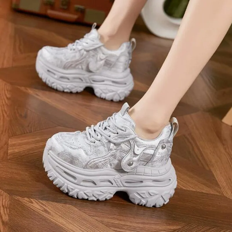 

9cm 2026 Spring Autumn Chunky Sneakers Women Platform Sports Dad Shoes Woman Goth Thick Bottom High Heels Female Leather Sneaker