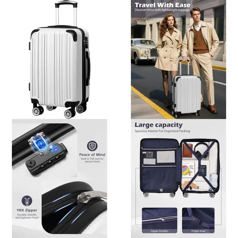 

Expandable Suitcase with Spinner Wheels - 20, 24, and 28 Inch Sizes, Carry-On Luggage, White Grid Pattern, Medium Size 24 Inch