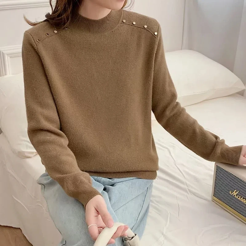 

Свитер вязаный с завинчивающейся резьбой, однотонный пуловер с полувысоким воротником, повседневная элегантная женская одежда, модные топы на осень и зиму