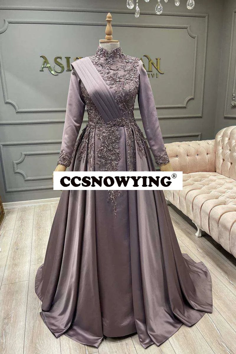 

Dusty Lilac Long Sleeve Muslim Evening Dresses Islamic Hijab Formal Party Gowns Arabic Kaftan Satin Appliques Robes De Soirée