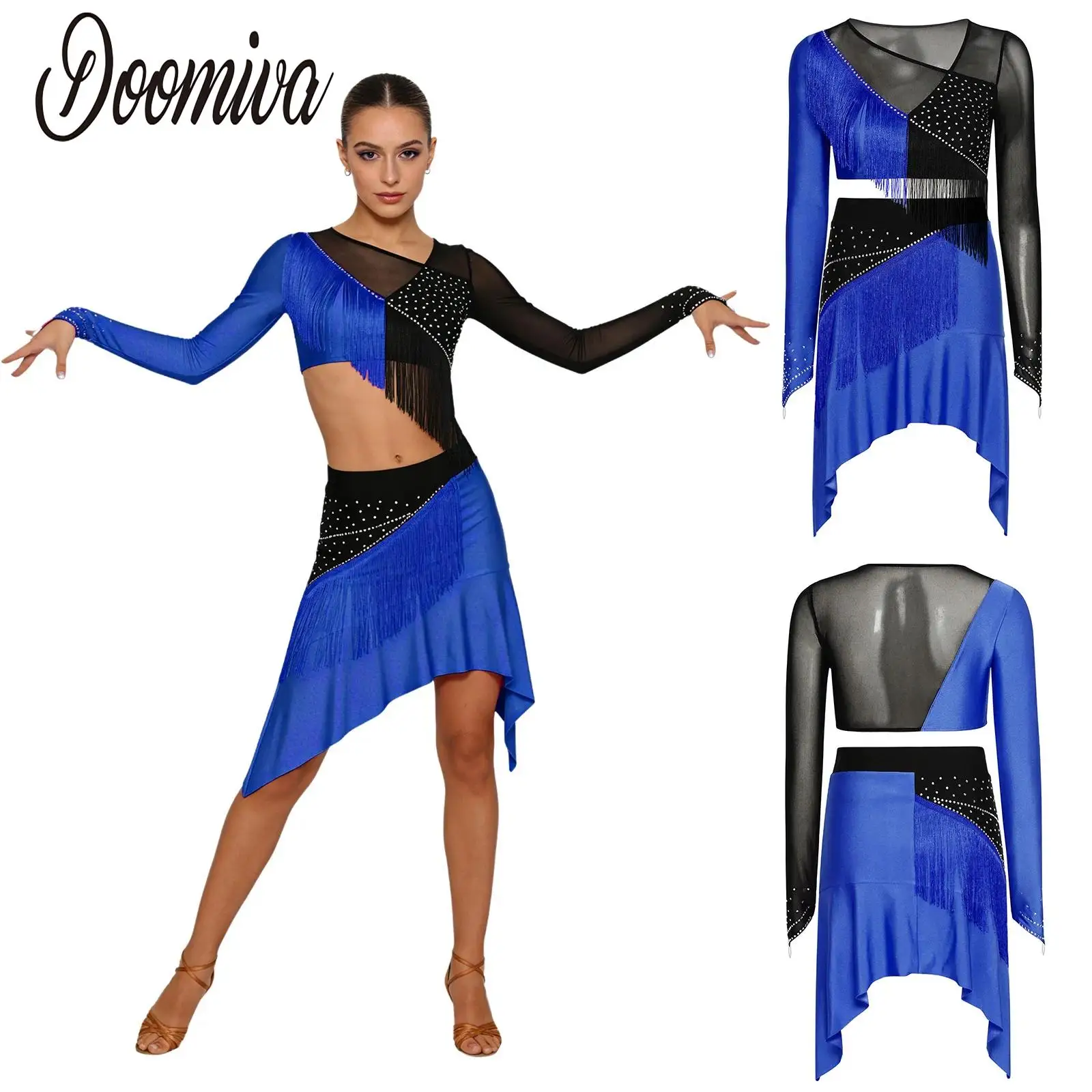 

Женский комплект из 2 предметов для латиноамериканских танцев: топ с длинными рукавами, сетчатыми вставками и бахромой, а также юбка с бахромой для танго, ча-ча-ча, сальсы.