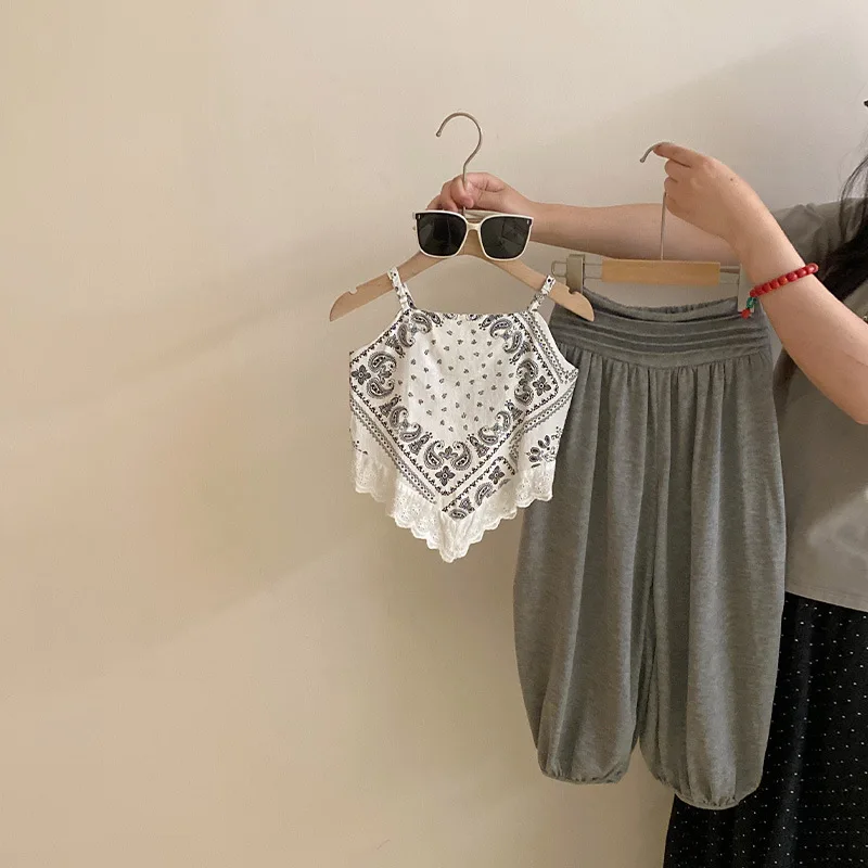 Girls Korean Design Sense Irregular Strapless Top Summer New Casual Wide Leg Long Pants Two Piece Set