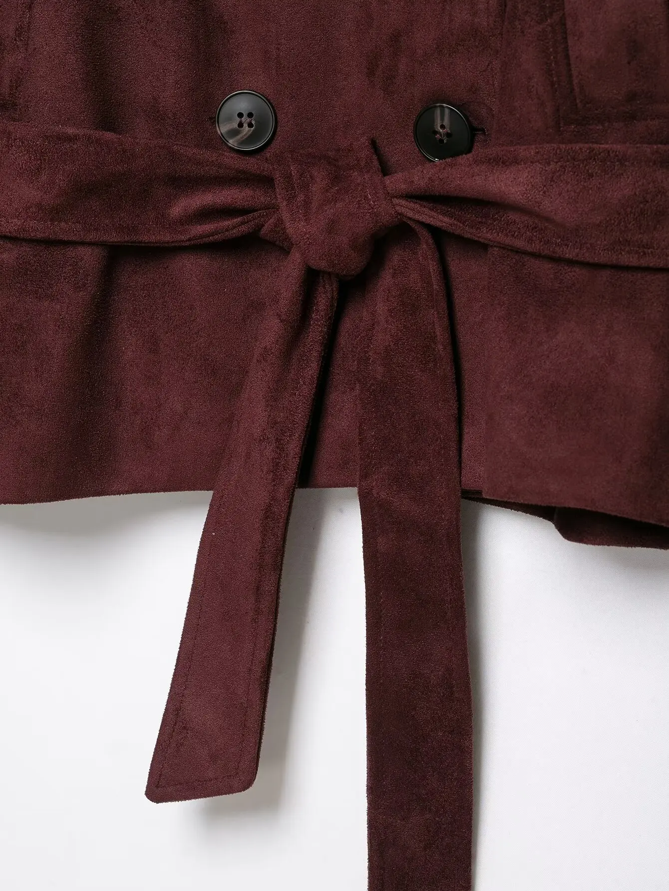 BSAY 2026 Commuter-Style Damenjacke aus Kunstwildleder, Burgunderrot, Stehkragen, Doppelreihig, mit Gürtel, Langarm, Kurze Oberbekleidung – Detail 7