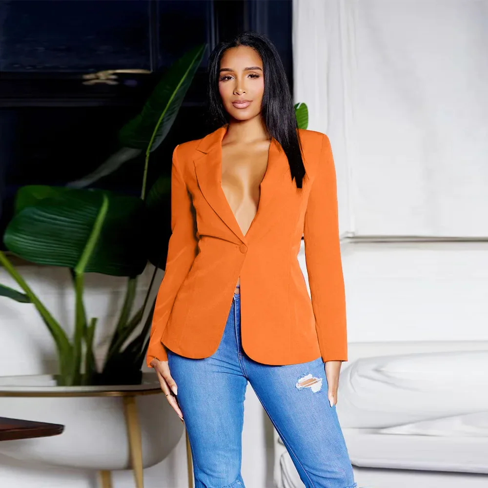 Women Suit Coat Single Button Lapel Deep V Neck Blazer Solid Color Formal Business OL Commute Lady Coat Jacket Slim Fit Blazer