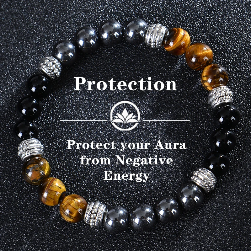 

Triple Protection Bracelet Handmade Yoga Stretch Elastic Bracelet Natural Stone Crystal Healing Power Energy Gifts for Men Women