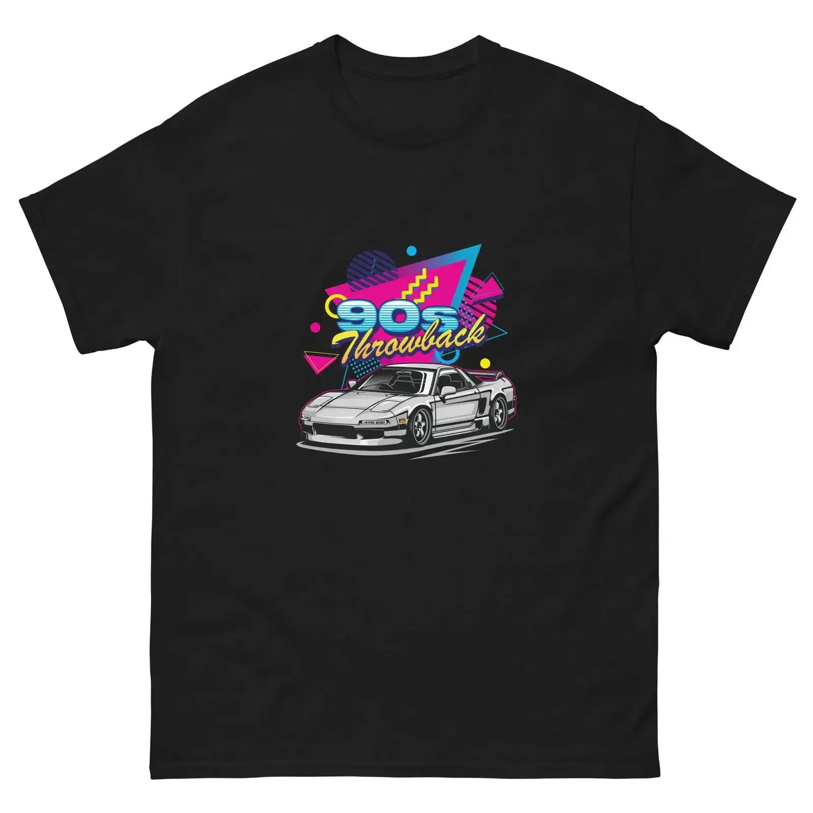 90s Throwback T Shirt Silver Retro Car with Neon Geometric Design vintage Washed Unisex Breathable homme Versatile Casual